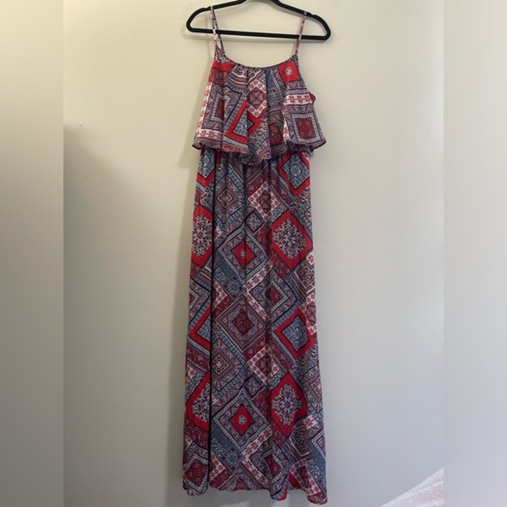 Xhiliration Maxi Blouson Dress in Red, White,‎ and Blue - L
